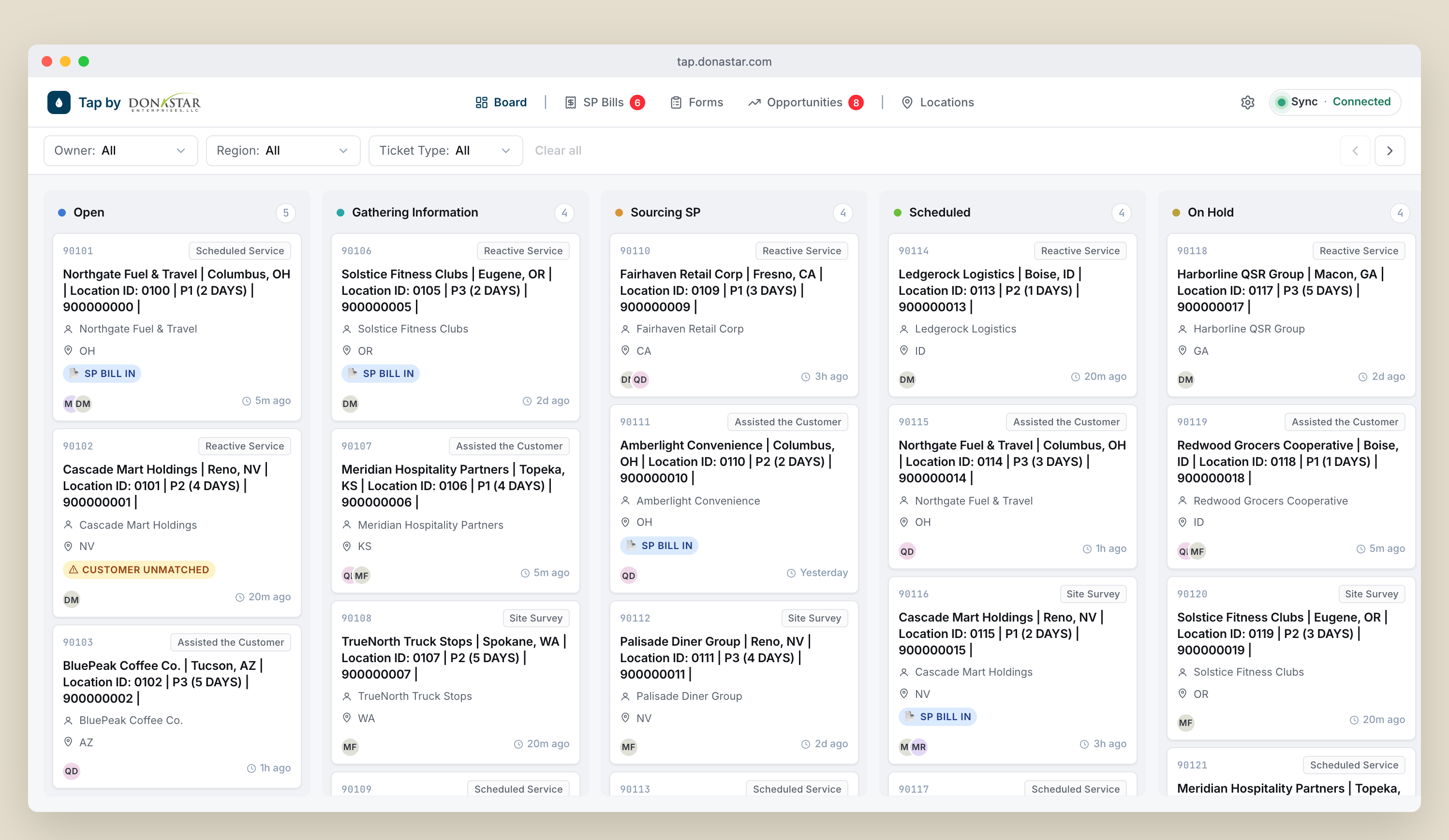 TAP by Donastar - operations board showing every job across both systems